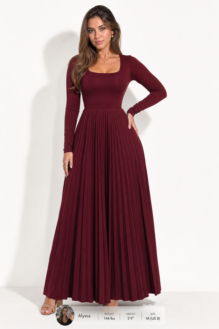 Plunging Pleated Maxi Dress